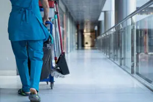 A maid in a blue uniform pushing a janitorial cart down a commercial business hallway in Springfield, IL for a janitorial cleaning service.