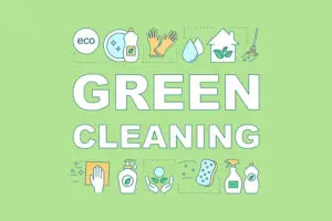 Green background with white lettering spelling green cleaning and digitized cleaning icons in Decatur, IL.
