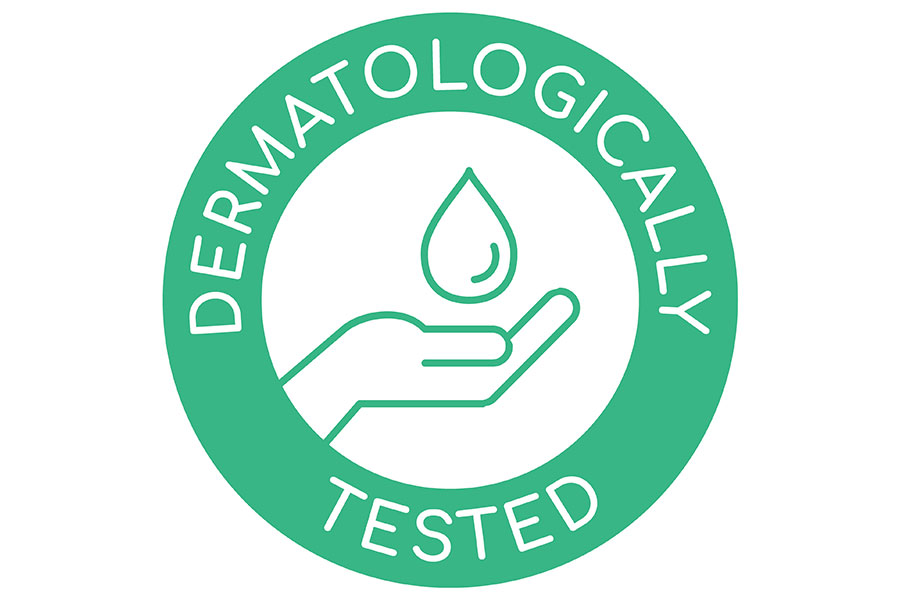 A green dermatologically tested logo with a hand in the middle holding a water droplet to indicate eco-cleaning products in Springfield, IL.