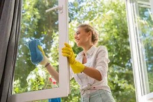 Golden Rule Cleaning & More—A woman cleaning the windows in her home in Springfield, IL.