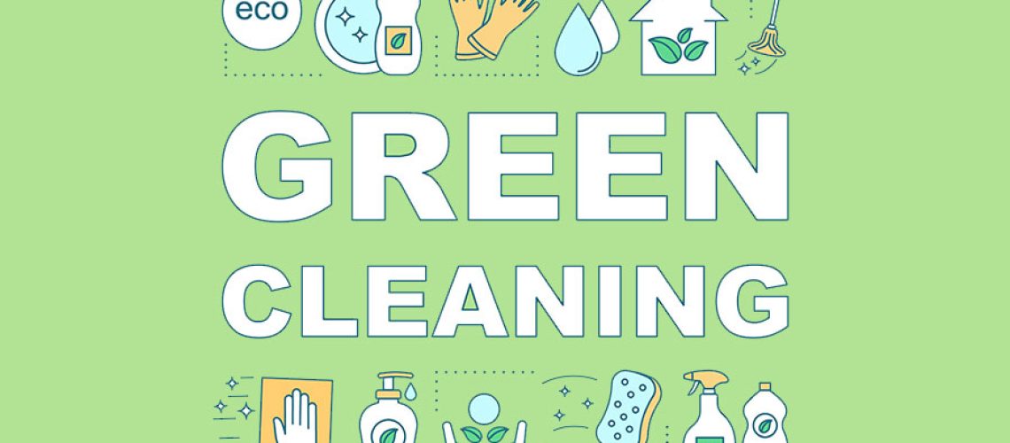 Green background with white lettering spelling green cleaning and digitized cleaning icons in Decatur, IL.
